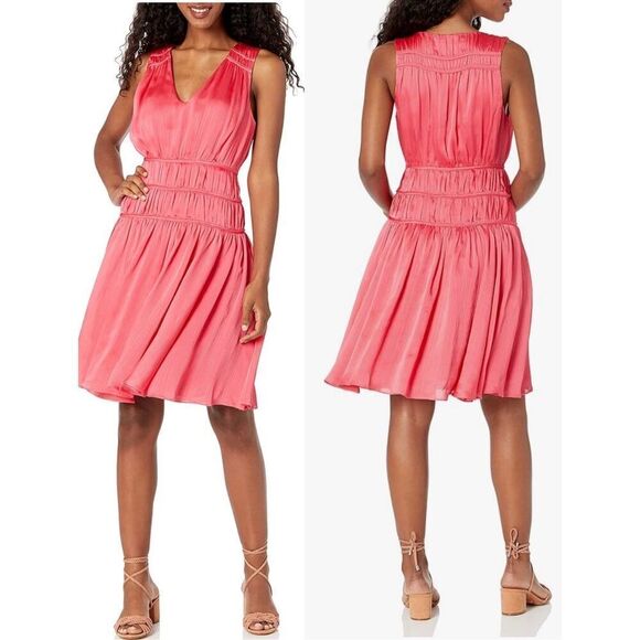 Trina Turk 'Islander' Georgette Shirred Satin Sleeveless Dress in Watermelon 14 - Picture 2 of 11